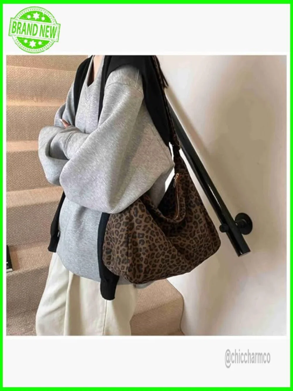 Leopard Print Canvas Hobo Shoulder Bag Adjustable Strap Zipper Closure